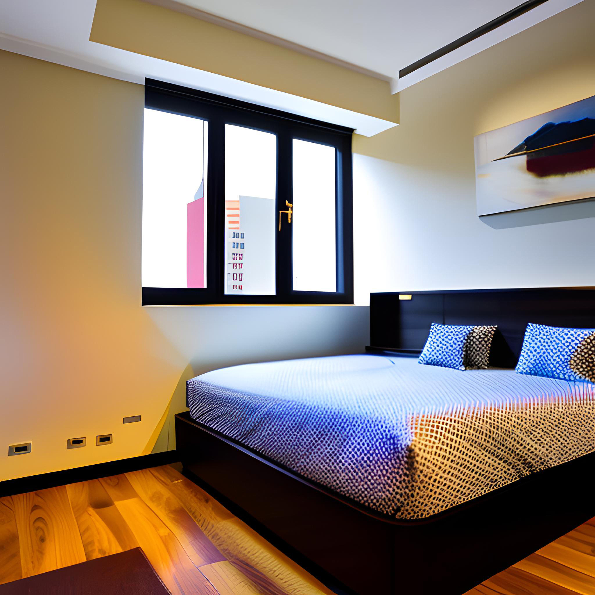 bedroom-with-bed-window-that-has-picture-mountains-it